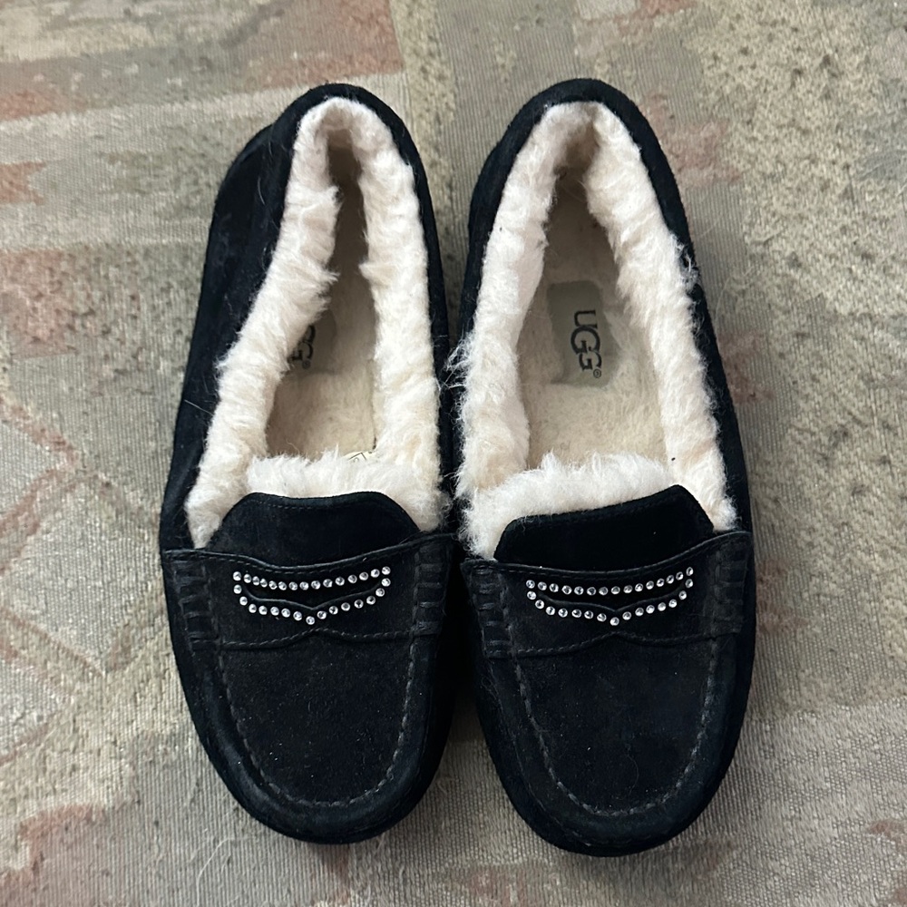 UGG Black Loafers with White Fur Lining